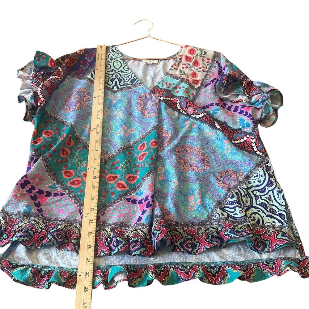 Umgee Mixed Print V-Neck Ruffle Sleeve Blouse - Large - Picture 5 of 6